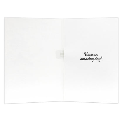 Hallmark Interactive Sound Card - Minnie Mouse showing the inside message 'Have an amazing day!' in elegant font on a blank background.