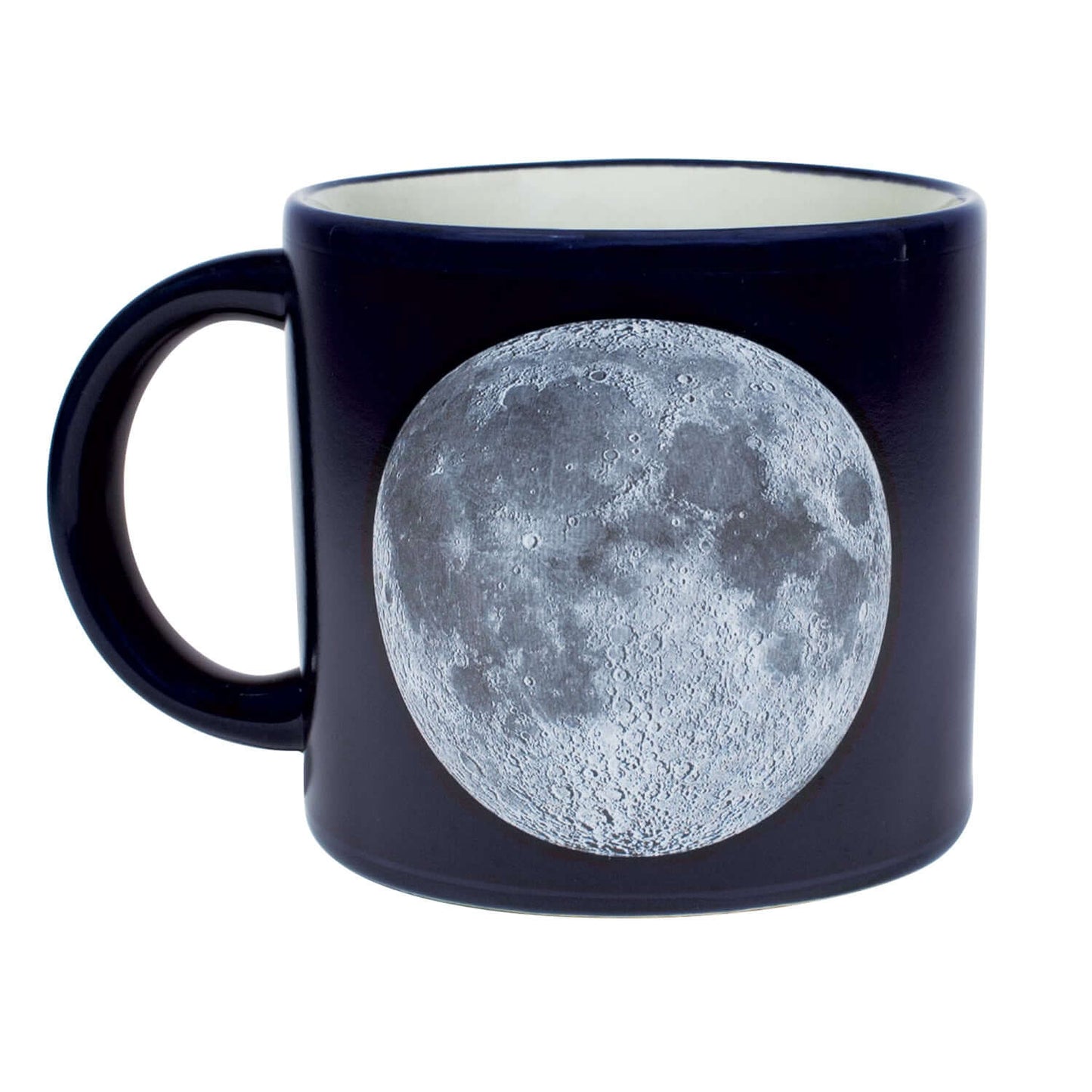 Unemployed Philosophers Guild - Moon Mug, 14 oz, dark blue with a detailed moon illustration, side view on a white background.
