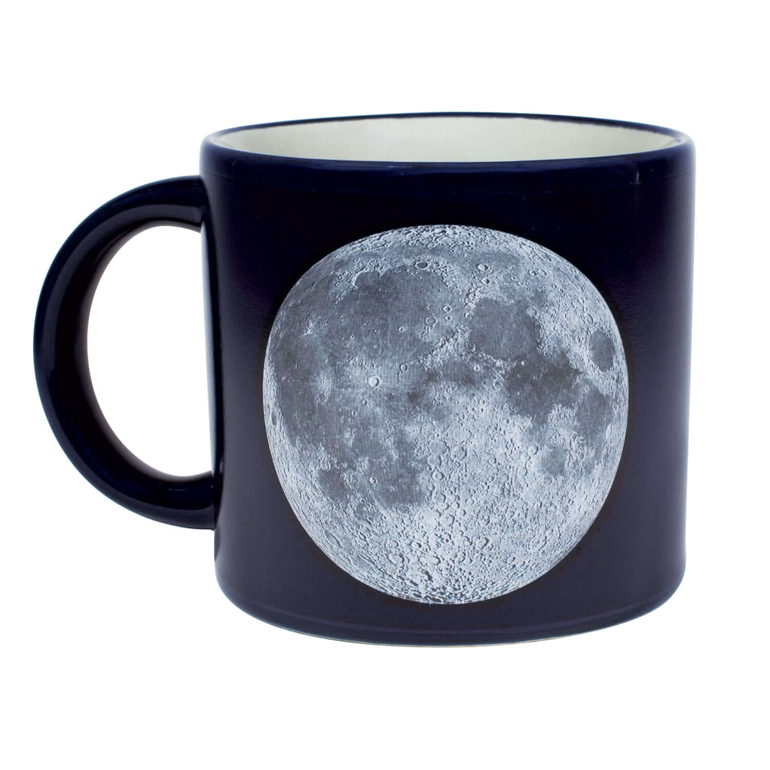 Unemployed Philosophers Guild - Moon Mug, 14 oz, dark blue with a detailed moon illustration, side view on a white background.