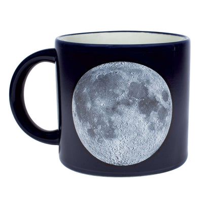 Unemployed Philosophers Guild - Moon Mug, 14 oz, dark blue with a detailed moon illustration, side view on a white background.