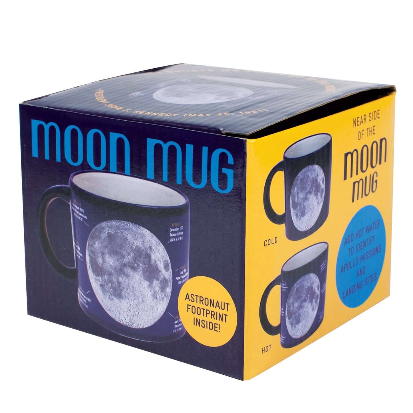 Unemployed Philosophers Guild - Moon Mug in packaging, featuring a cold and hot design with moon details and astronaut footprint.