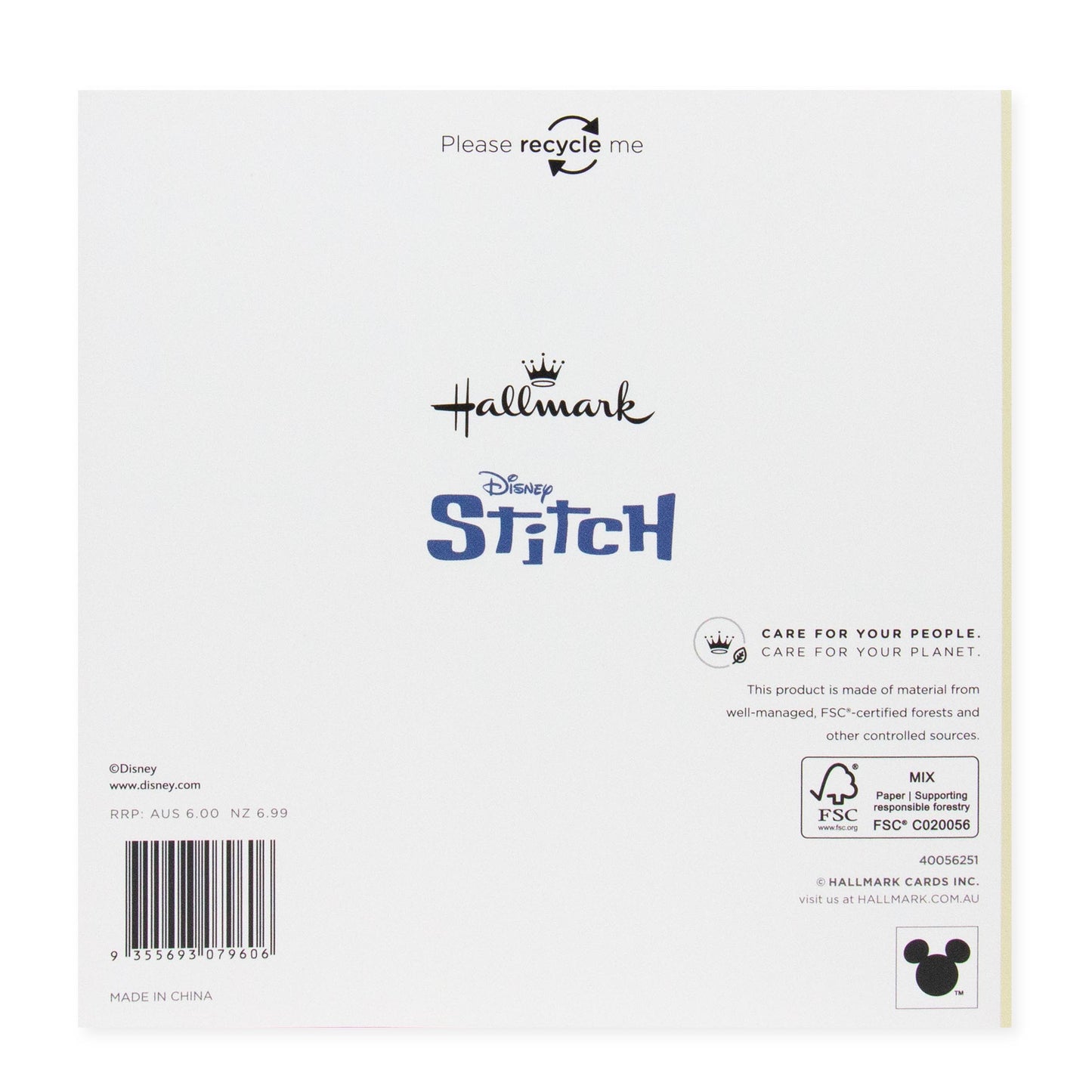 Hallmark Disney Stitch Mother's Day Card - Sit Back & Relax. Back view showing recycling message and brand details.