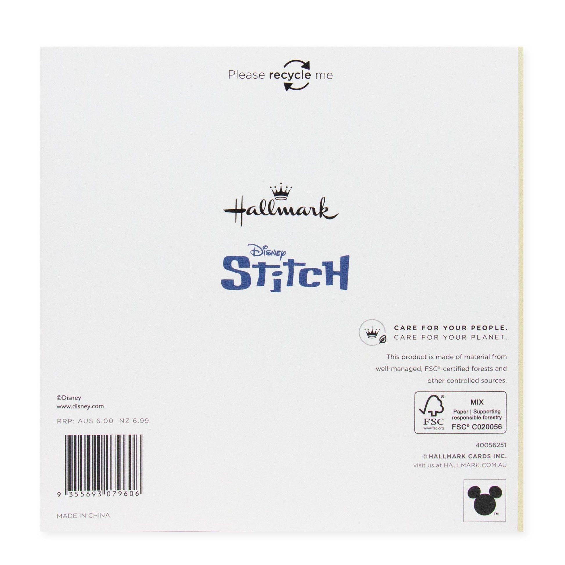 Hallmark Disney Stitch Mother's Day Card - Sit Back & Relax. Back view showing recycling message and brand details.