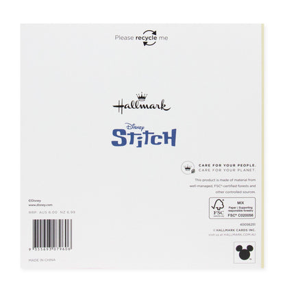 Hallmark Disney Stitch Mother's Day Card - Sit Back & Relax. Back view showing recycling message and brand details.