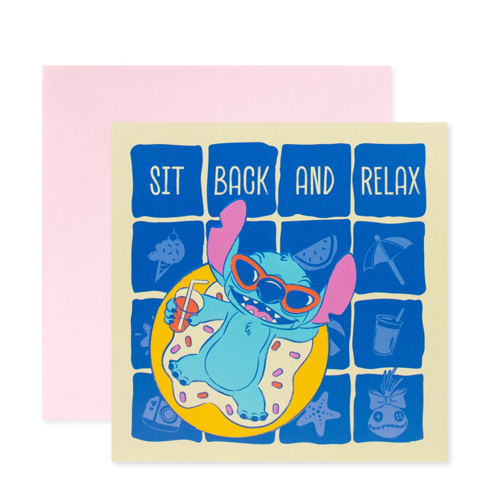 Hallmark Disney Stitch Mother's Day Card - Sit Back & Relax in flat lay with Stitch on inflatable donut, pink envelope behind.