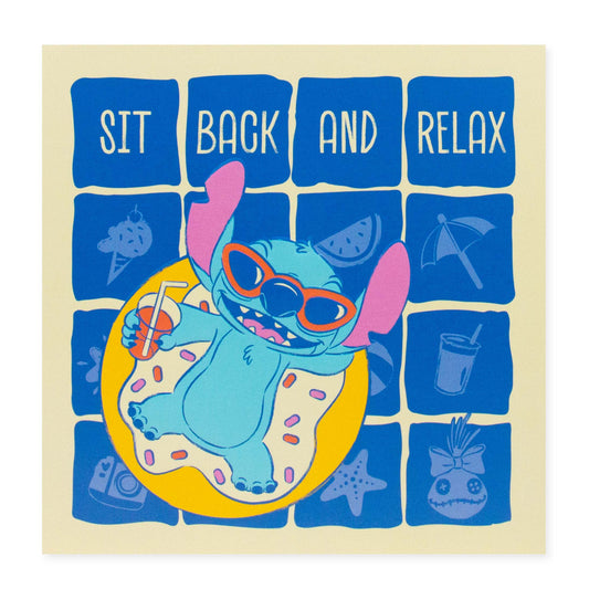 Hallmark Disney Stitch Mother's Day Card - Sit Back & Relax with Stitch on a donut holding a drink, colourful design elements.