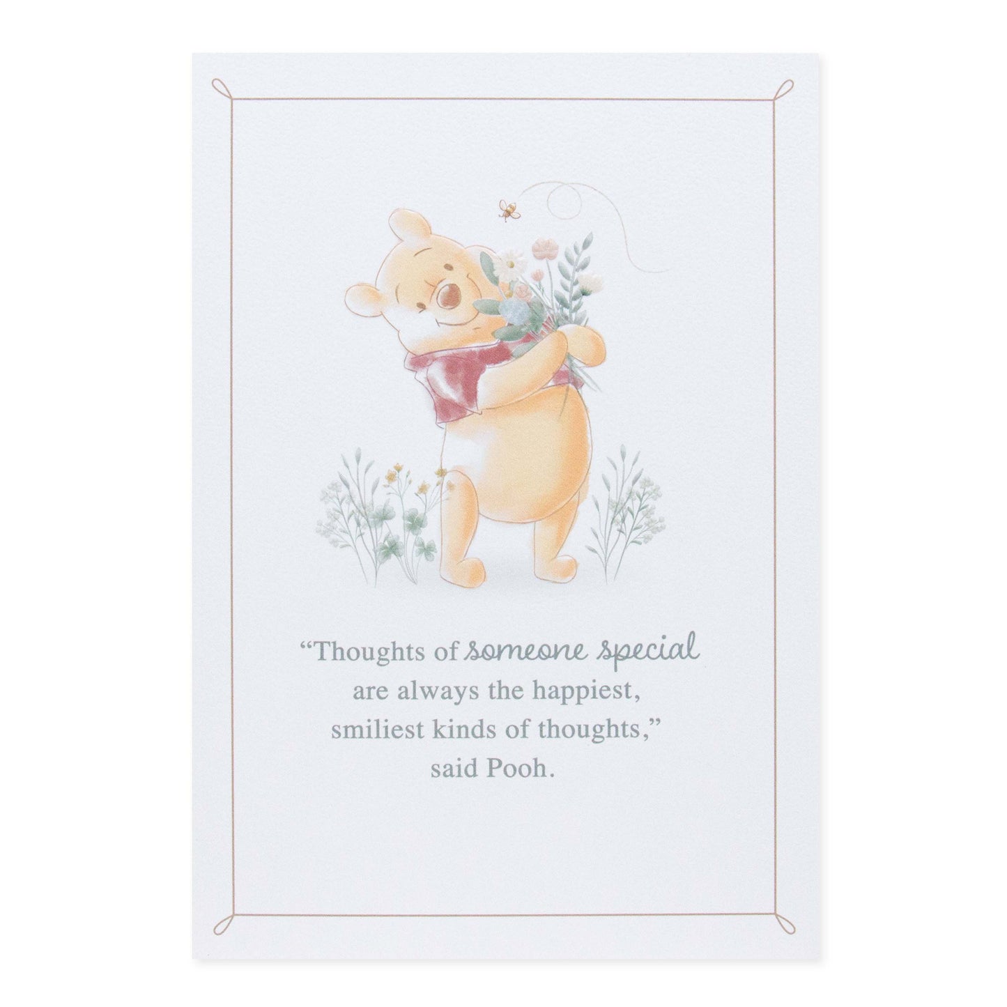 Hallmark Disney Winnie the Pooh Mother's Day card featuring Pooh hugging flowers, with a heartfelt quote in soft colours.