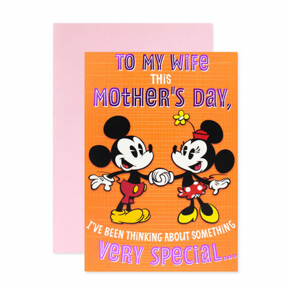 Hallmark Disney Mother's Day Card For Wife - Mickey Mouse & Minnie Mouse featuring vivid colours, playful design, and heartfelt message on orange background.
