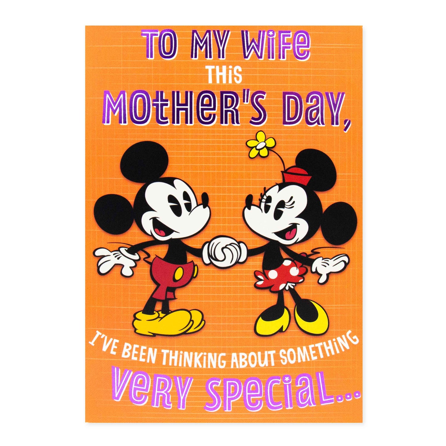Hallmark Disney Mother's Day Card For Wife - Mickey Mouse & Minnie Mouse, featuring vibrant orange background and iconic character illustration.
