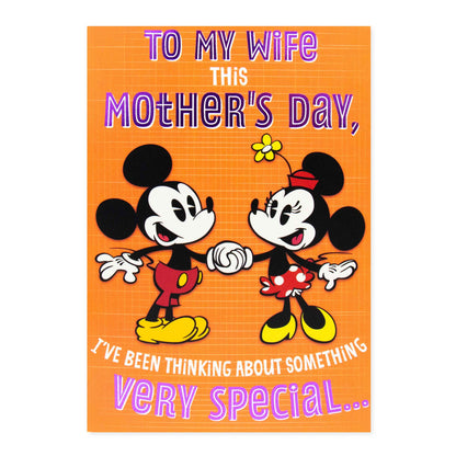 Hallmark Disney Mother's Day Card For Wife - Mickey Mouse & Minnie Mouse, featuring vibrant orange background and iconic character illustration.