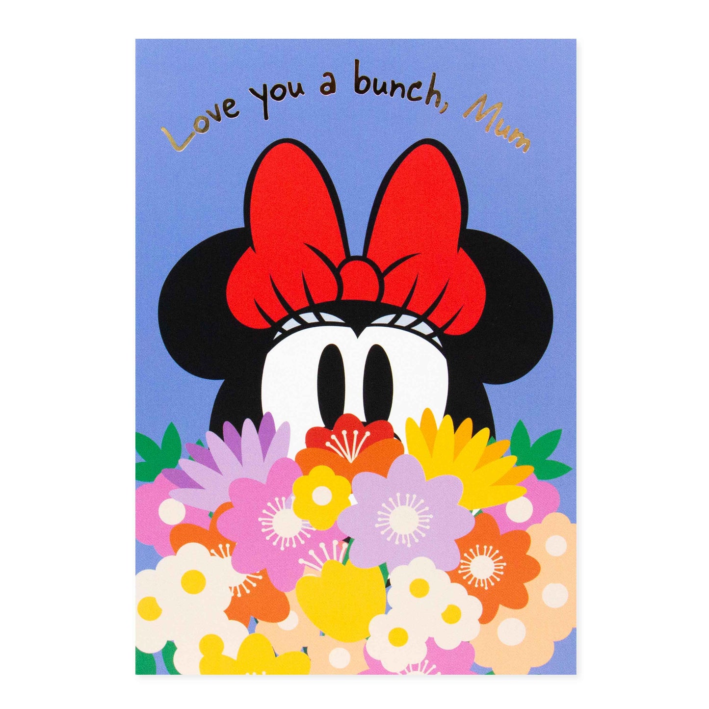 Hallmark Disney Mother's Day card - Minnie Mouse featuring colourful flowers and rose gold foil accents.