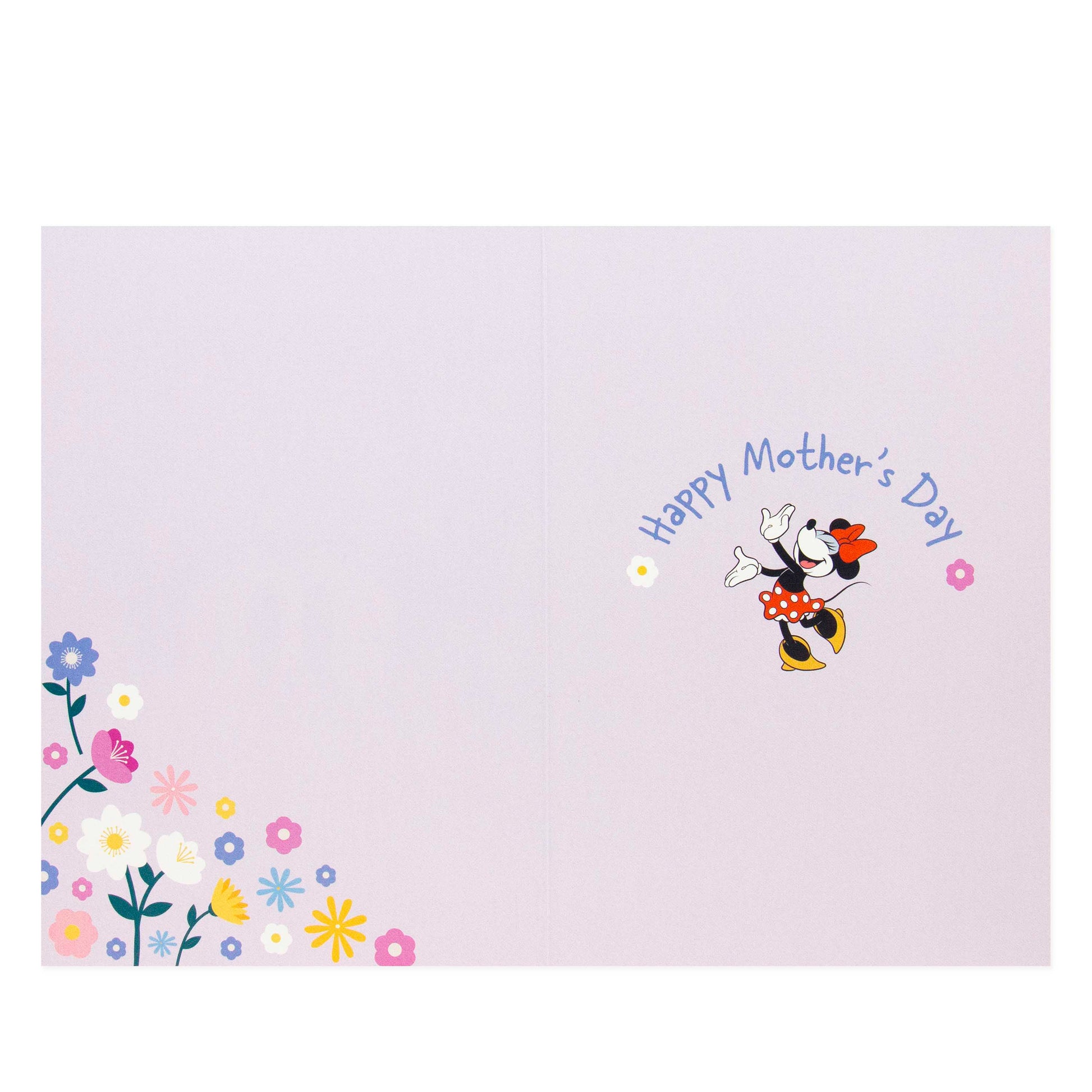 Hallmark Disney Mother's Day card - Minnie Mouse, inside illustration of dancing Minnie with floral border and 'Happy Mother's Day' text