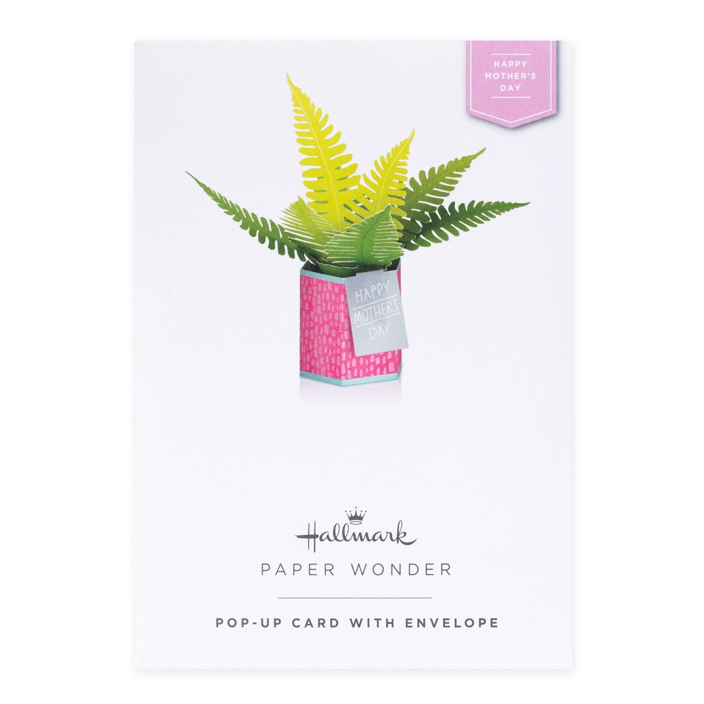 Hallmark Mother's Day Card - Paper Wonder Pop-up Happy Mother's Day featuring a paper fern in a pink vase, flat lay design with a printed envelope.