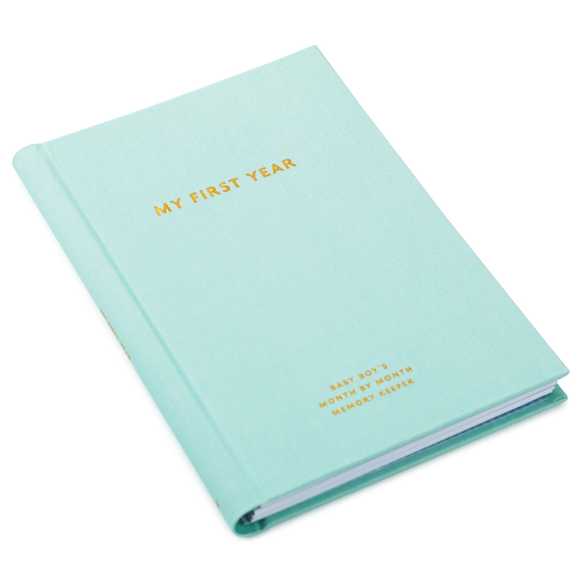 My First Year Baby Book - Blue, hardcover journal with gold lettering, angled view highlighting cover detail