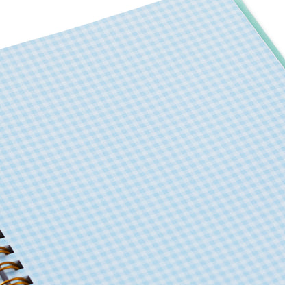 My First Year Baby Book - Blue cover page featuring light blue gingham design, part of an elegant fabric-wrapped hardcover.