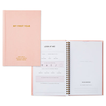My First Year Baby Book - Pink, fabric cover, spiral binding, showing prompt details and layout for memory keeping.