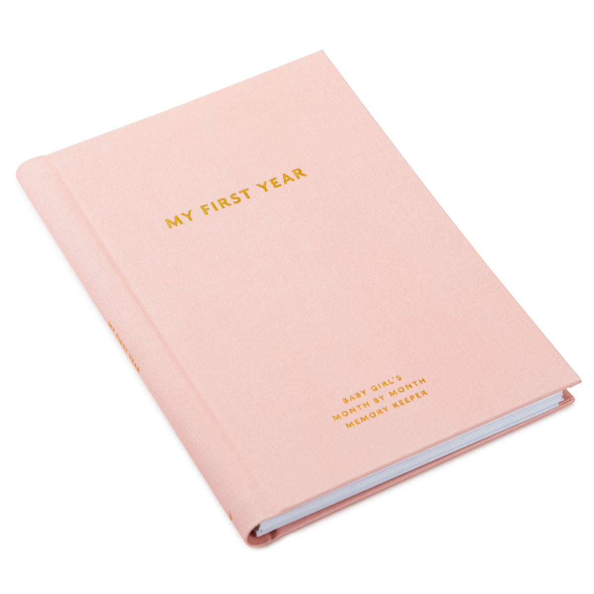 My First Year Baby Book - Pink, soft fabric cover with gold lettering, showcasing the front view of the keepsake book.