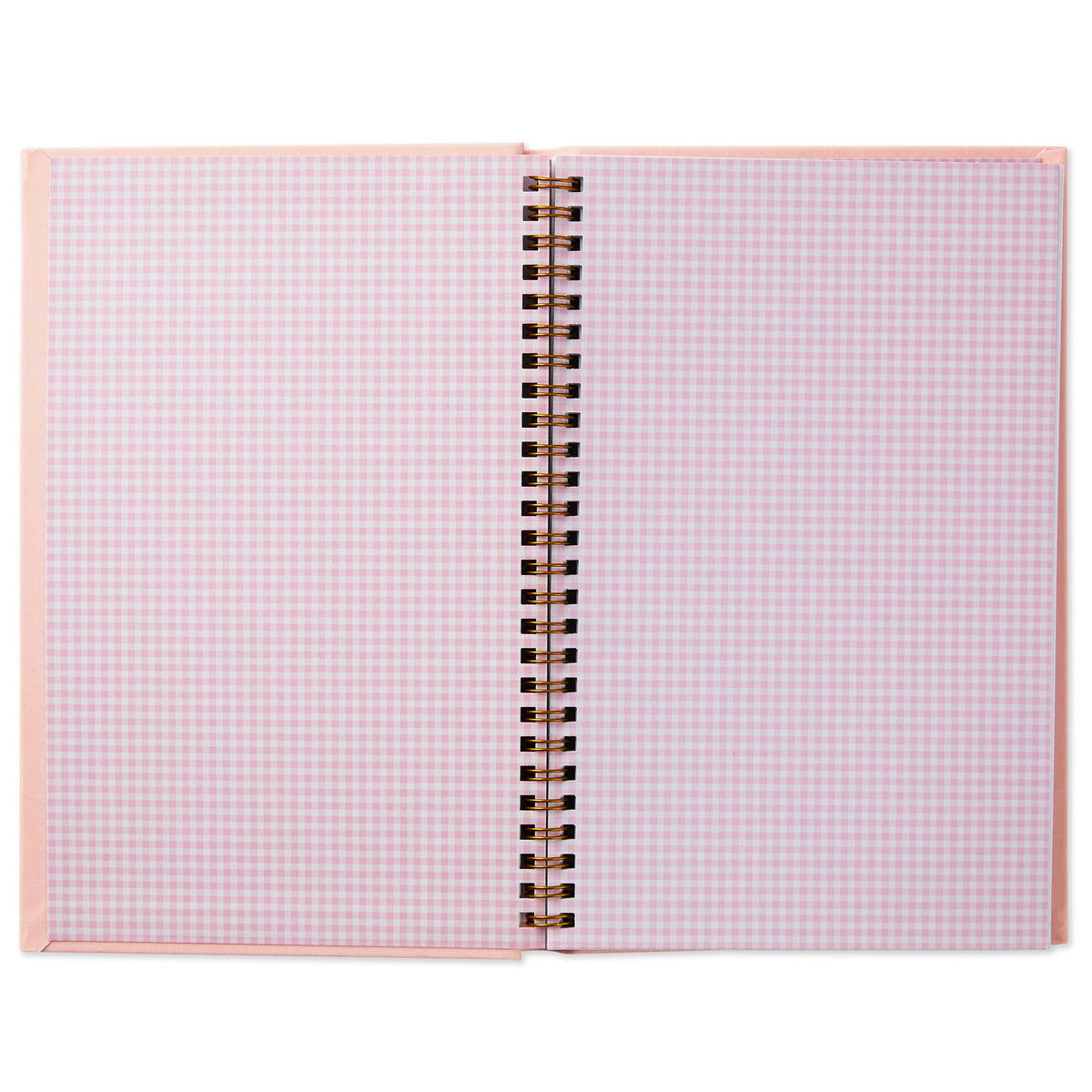 My First Year Baby Book - Pink, interior pages with pink gingham pattern, spiral binding, open flat view.