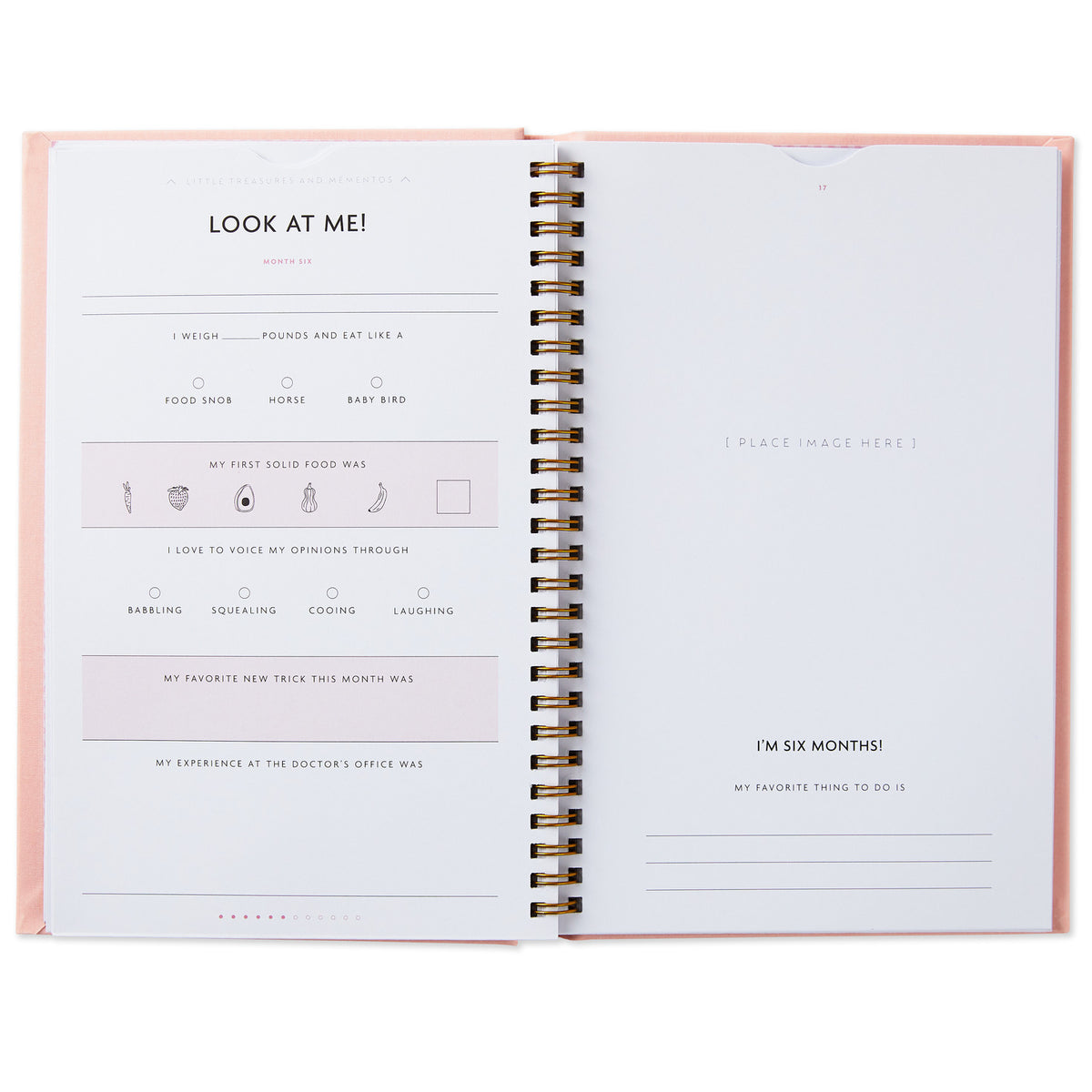 My First Year Baby Book - Pink interior pages featuring prompts for baby's milestones and memories, displayed with a spiral binding.