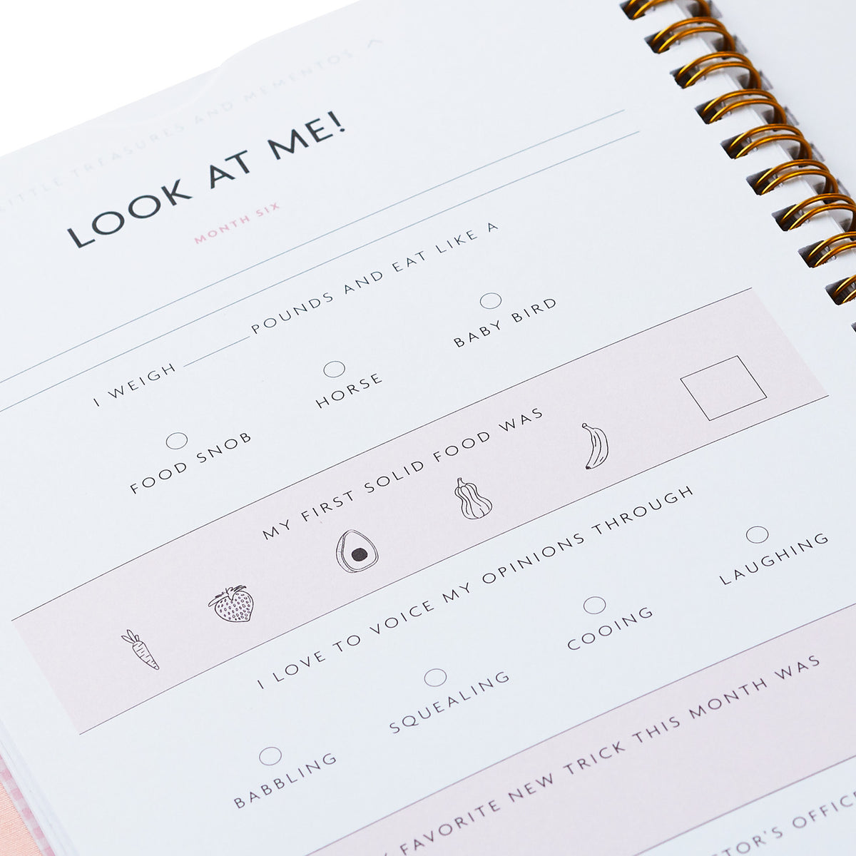 My First Year Baby Book - Pink, month 12 prompt page, featuring spaces for recording milestones and keepsakes.