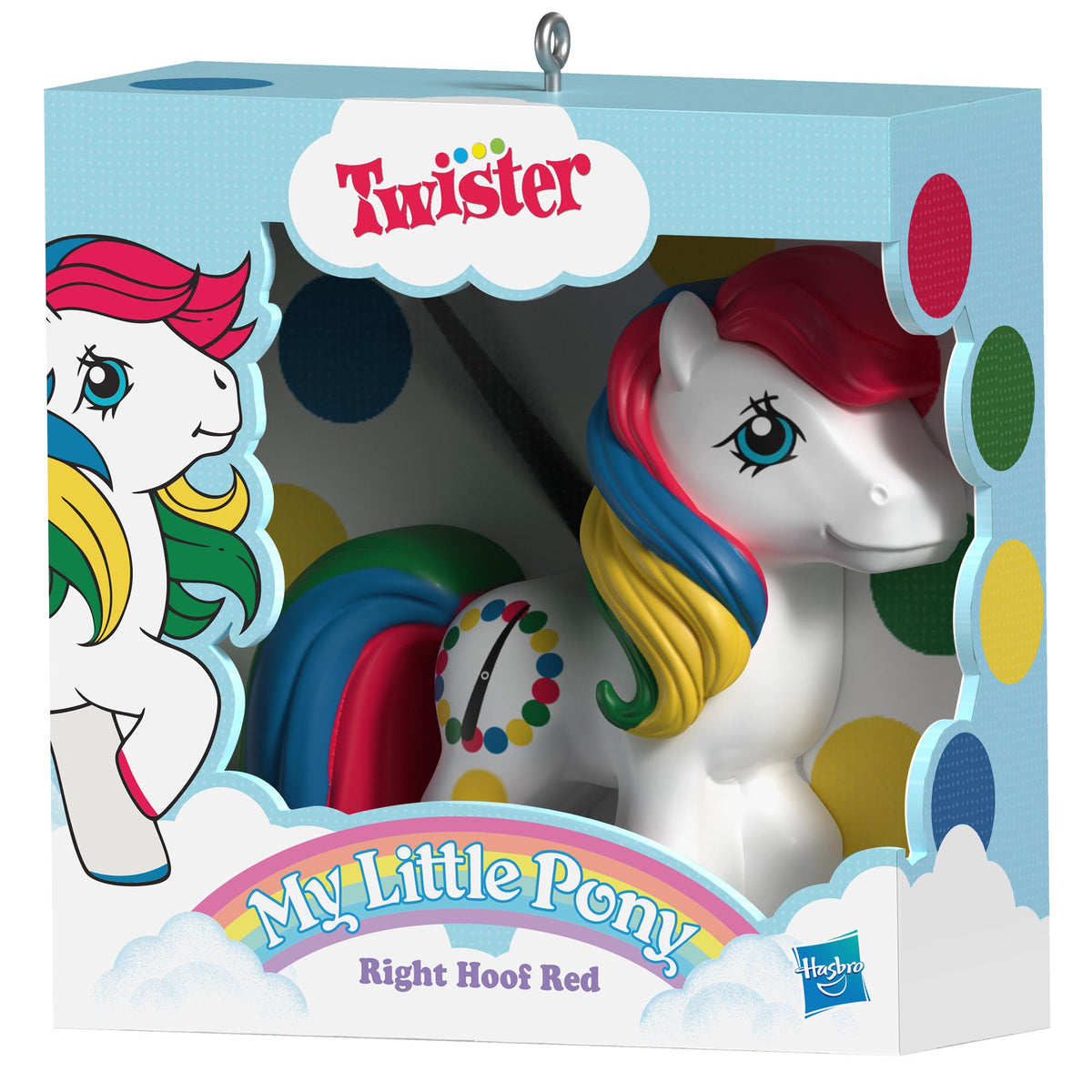 My Little Pony®, Retro Twister® "Right Hoof Red" — 2025 Hallmark Keepsake Christmas Ornament in colourful packaging close up.