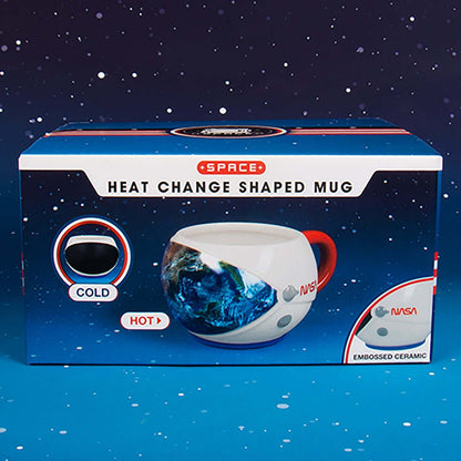 NASA heat change shaped mug packaging featuring an embossed ceramic design with cold and hot illustration.
