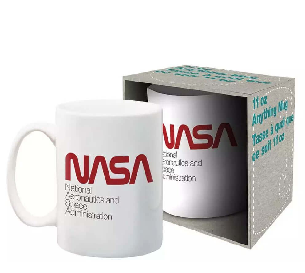 NASA - logo ceramic mug featuring National Aeronautics and Space Administration text in a close up view with packaging.