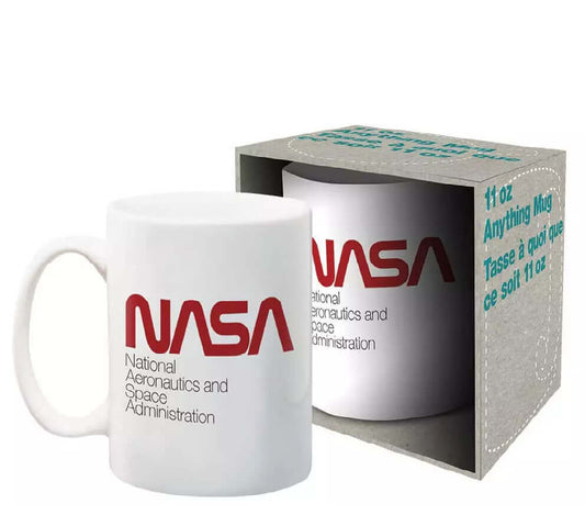NASA - logo ceramic mug featuring National Aeronautics and Space Administration text in a close up view with packaging.