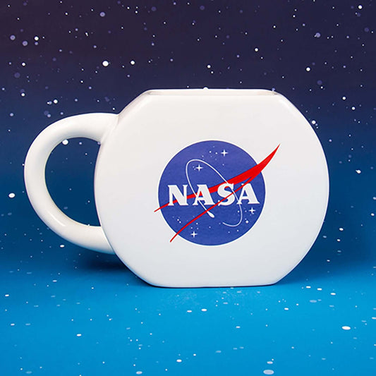 NASA Mug & Puzzle featuring a white, octagonal-shaped mug with the NASA logo and starry background.