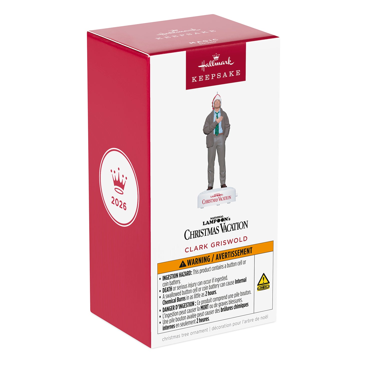 National Lampoon's Christmas Vacation™ Clark Griswold With Sound — 2026 Hallmark Keepsake Christmas Ornament packaging showing red and grey design.