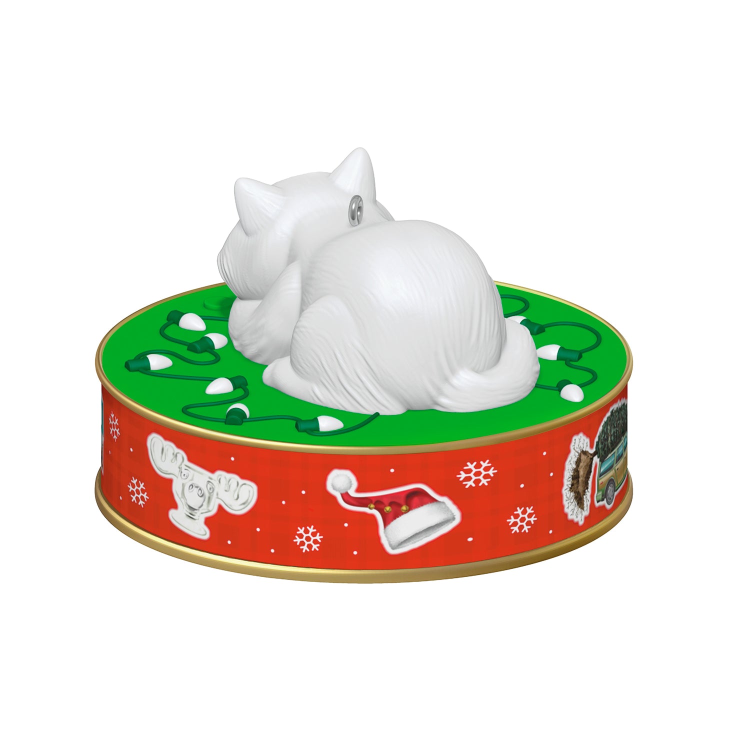 National Lampoon's Christmas Vacation Nine Lives Spent With Light and Sound — 2026 Hallmark Keepsake Christmas Ornament featuring a white cat on a green base with festive decorations, angled view.