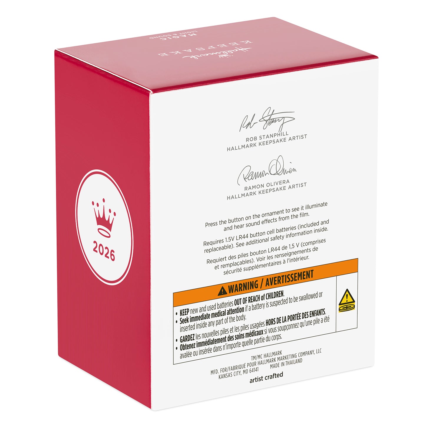 National Lampoon's Christmas Vacation Nine Lives Spent With Light and Sound — 2026 Hallmark Keepsake Christmas Ornament box packaging featuring artist signatures and battery information.