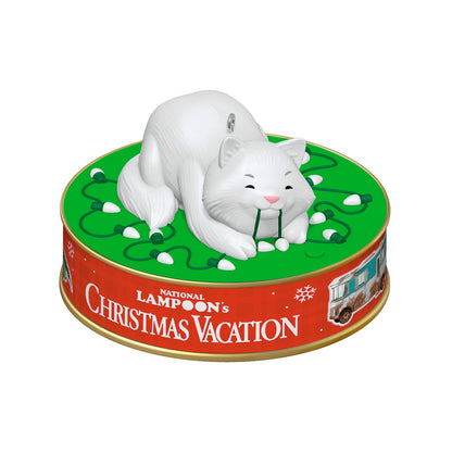 National Lampoon's Christmas Vacation Nine Lives Spent With Light and Sound — 2026 Hallmark Keepsake Christmas Ornament featuring a playful white cat chewing on Christmas lights, set on a festive base.