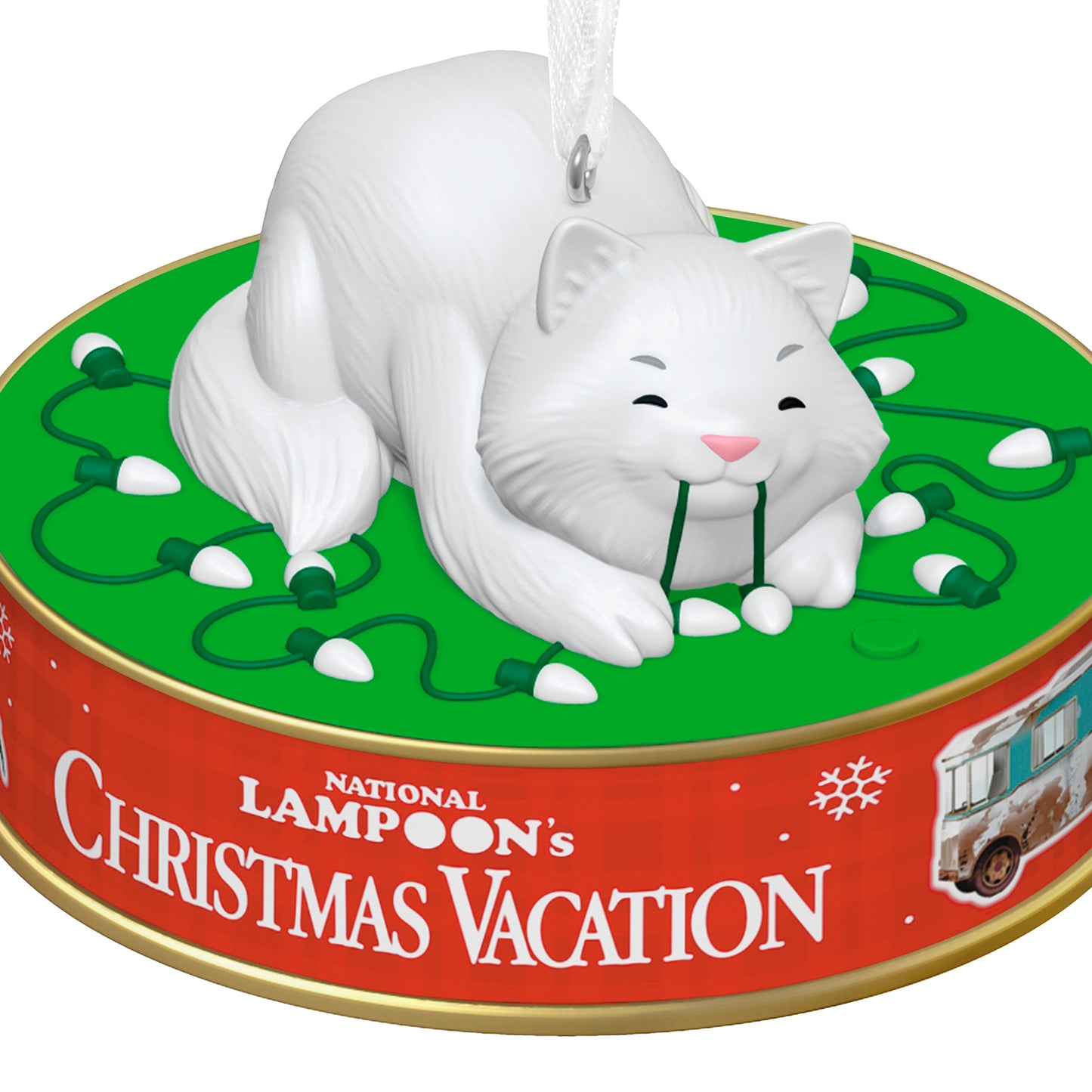 National Lampoon's Christmas Vacation Nine Lives Spent With Light and Sound — 2026 Hallmark Keepsake Christmas Ornament featuring a white cat tangled in lights on a decorative base.