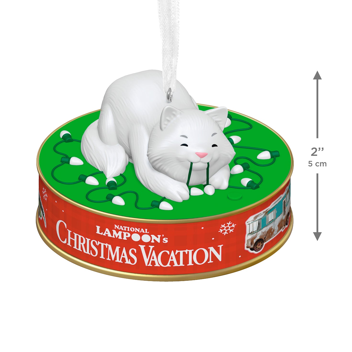 National Lampoon's Christmas Vacation Nine Lives Spent With Light and Sound — 2026 Hallmark Keepsake Christmas Ornament featuring a white cat on green lights.