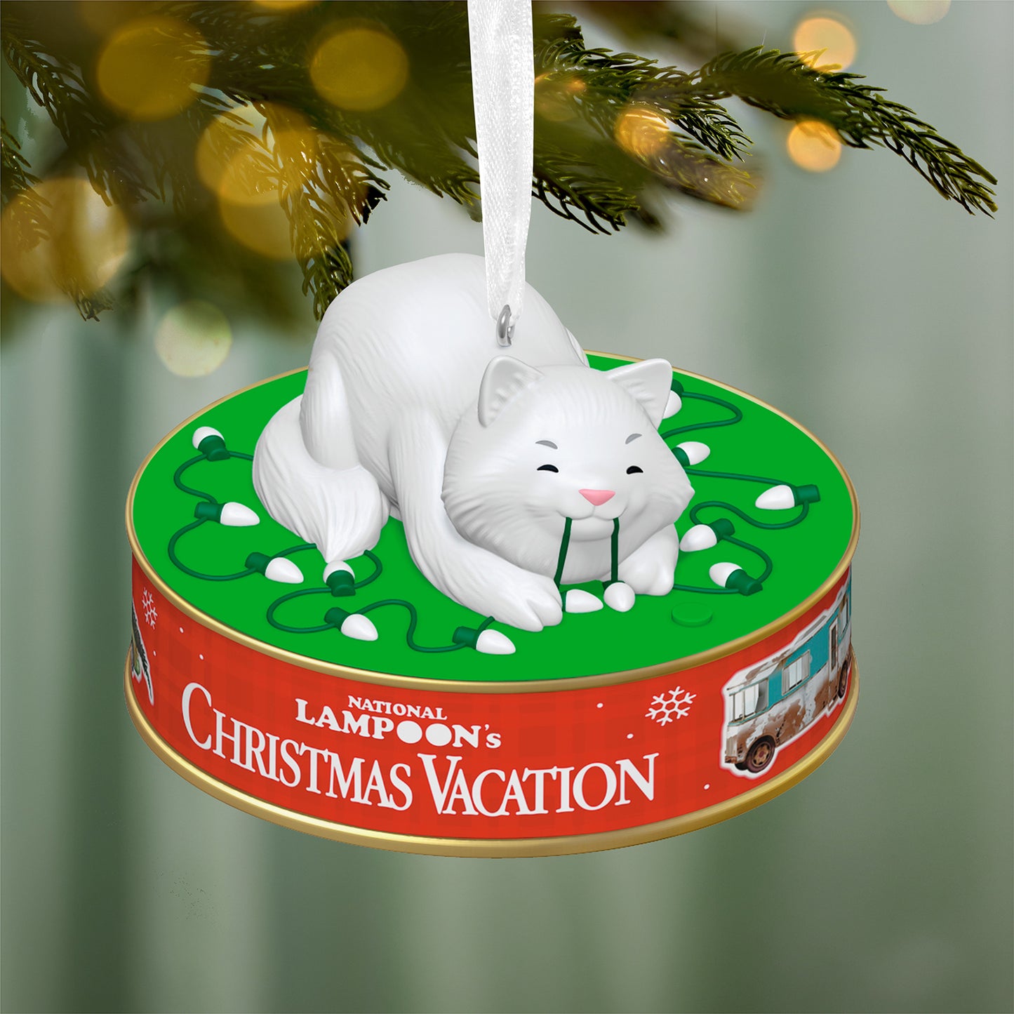 National Lampoon's Christmas Vacation Nine Lives Spent With Light and Sound — 2026 Hallmark Keepsake Christmas Ornament featuring a white cat on green grass with Christmas lights.