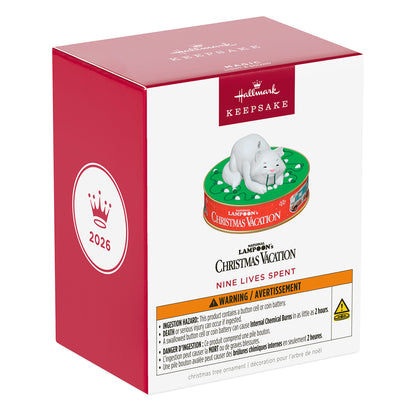 National Lampoon's Christmas Vacation Nine Lives Spent With Light and Sound — 2026 Hallmark Keepsake Christmas Ornament packaging, red box design with cat decoration on top.