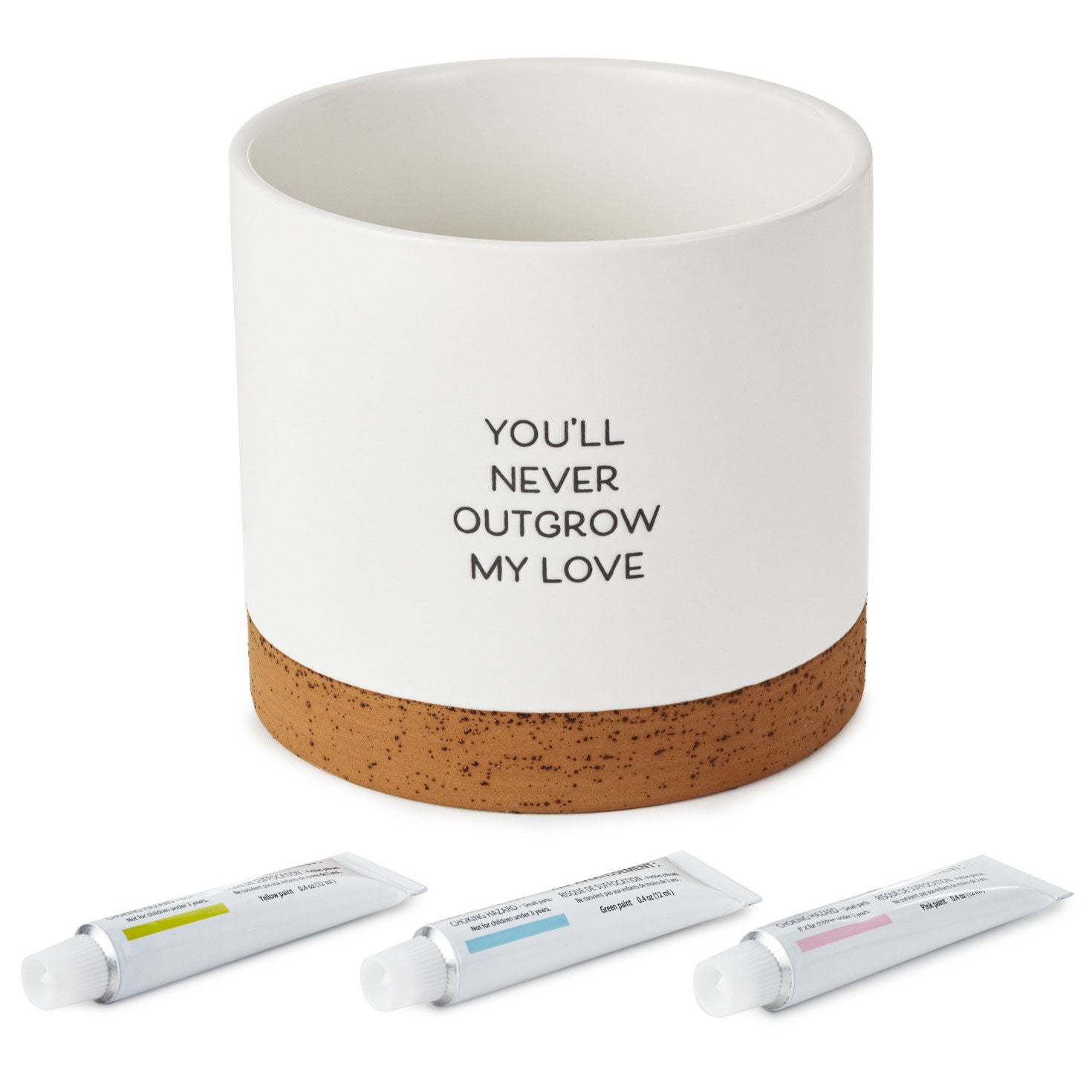 Never Outgrow My Love Planter Handprint Kit with ceramic planter and three tubes of non-toxic paint, showing text detail.