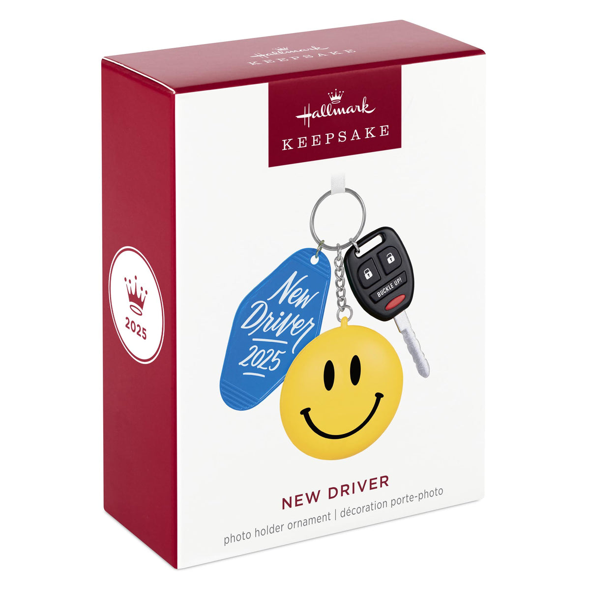 New Driver — 2025 Hallmark Keepsake Christmas Ornament in gift packaging with blue keychain and smiling face.