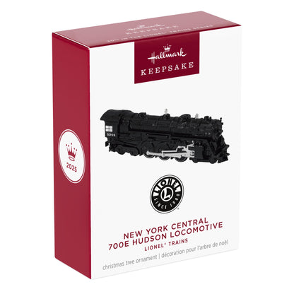 New York Central 700E Hudson Locomotive, 30th in the LIONEL® Trains Series — 2025 Hallmark Keepsake Christmas Ornament in packaging view.