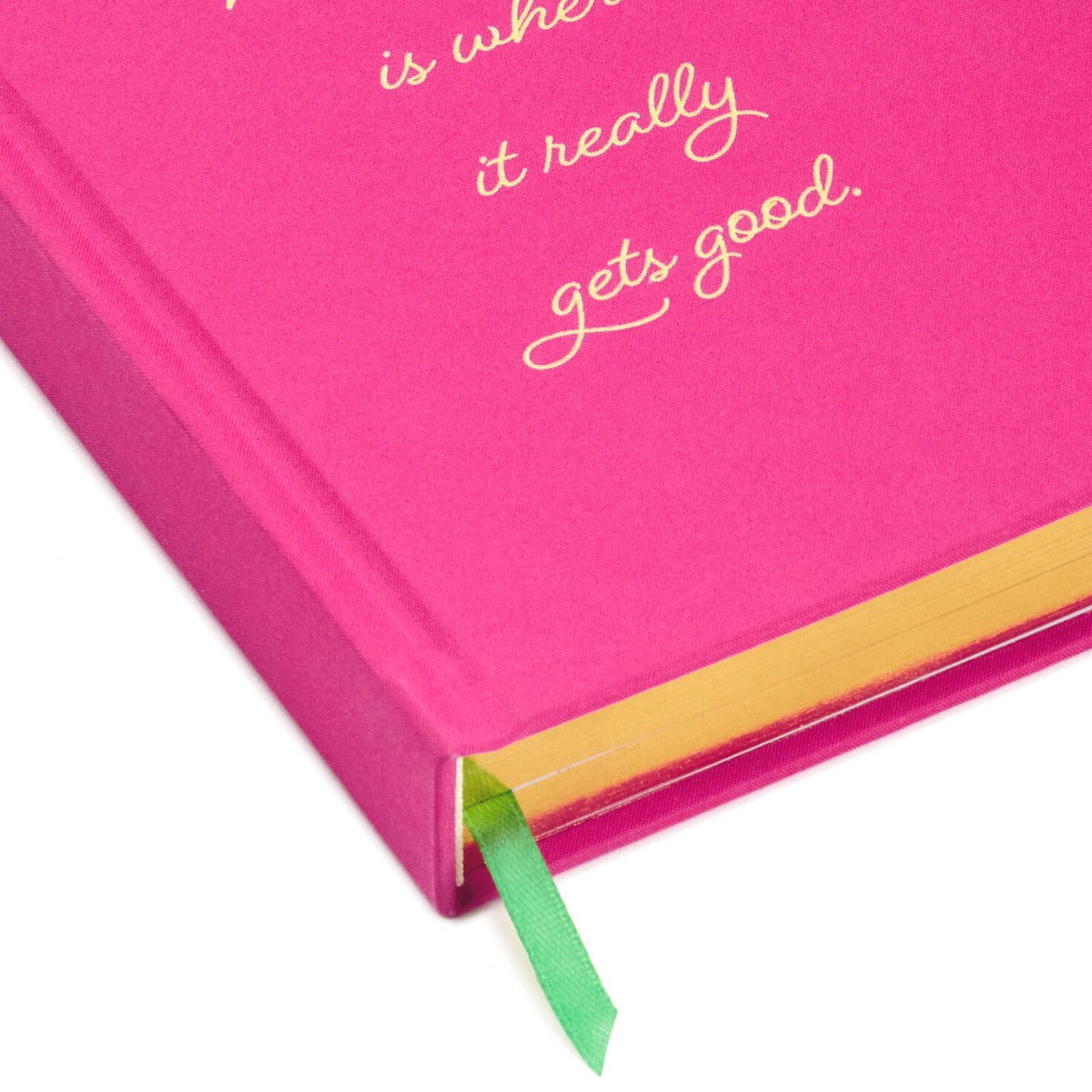 Next Chapter Notebook in fuchsia with gold foil lettering and a green ribbon bookmark detail.