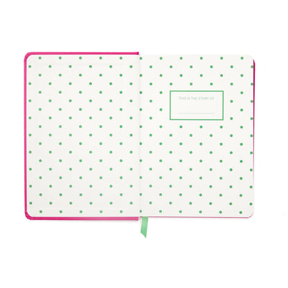 Next Chapter Notebook featuring polka dot interior design with a green border and bookmark detail, open flat view.