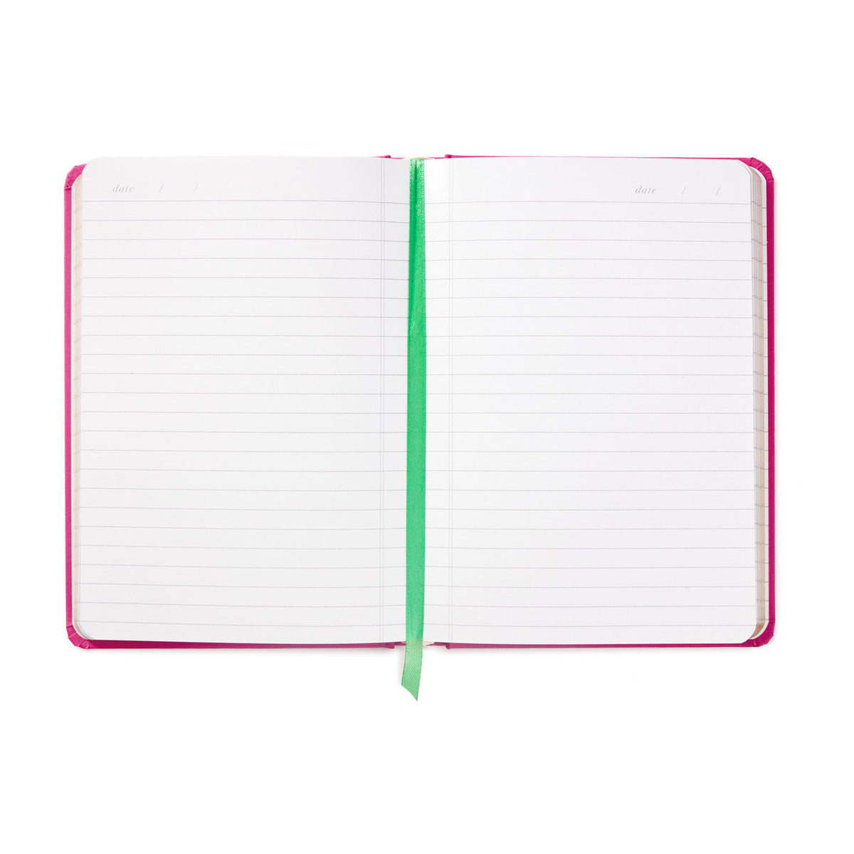 Next Chapter Notebook with lined pages, fuchsia cover and green ribbon bookmark showcasing the interior design.