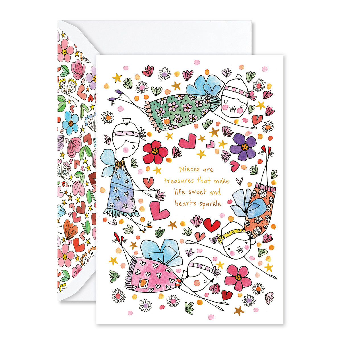 Greeting card with colorful illustrations of children and flowers on a white background