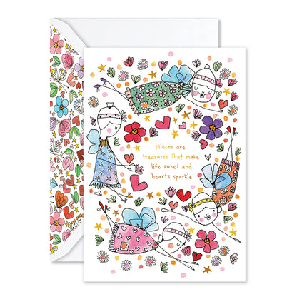 Greeting card with colorful illustrations of children and flowers on a white background