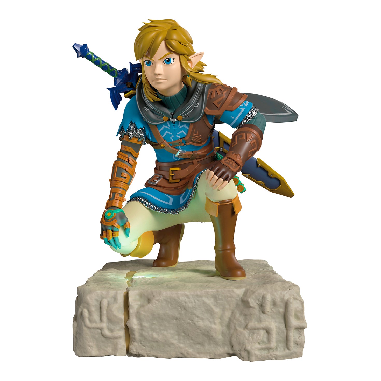 Nintendo The Legend of Zelda™: Tears of the Kingdom Link Musical With Light — 2026 Hallmark Keepsake Christmas Ornament, detailed figure of Link crouching on a stone base with the Master Sword.