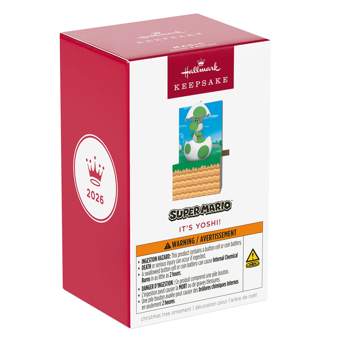 Nintendo Super Mario It's Yoshi! With Sound and Motion — 2026 Hallmark Keepsake Christmas Ornament packaging box side view.