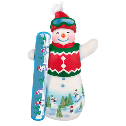 Ollie U. Halfpipe, 21st in the Snowtop Lodge Series — 2025 Hallmark Keepsake Christmas Ornament, porcelain snowman with snowboard detail.