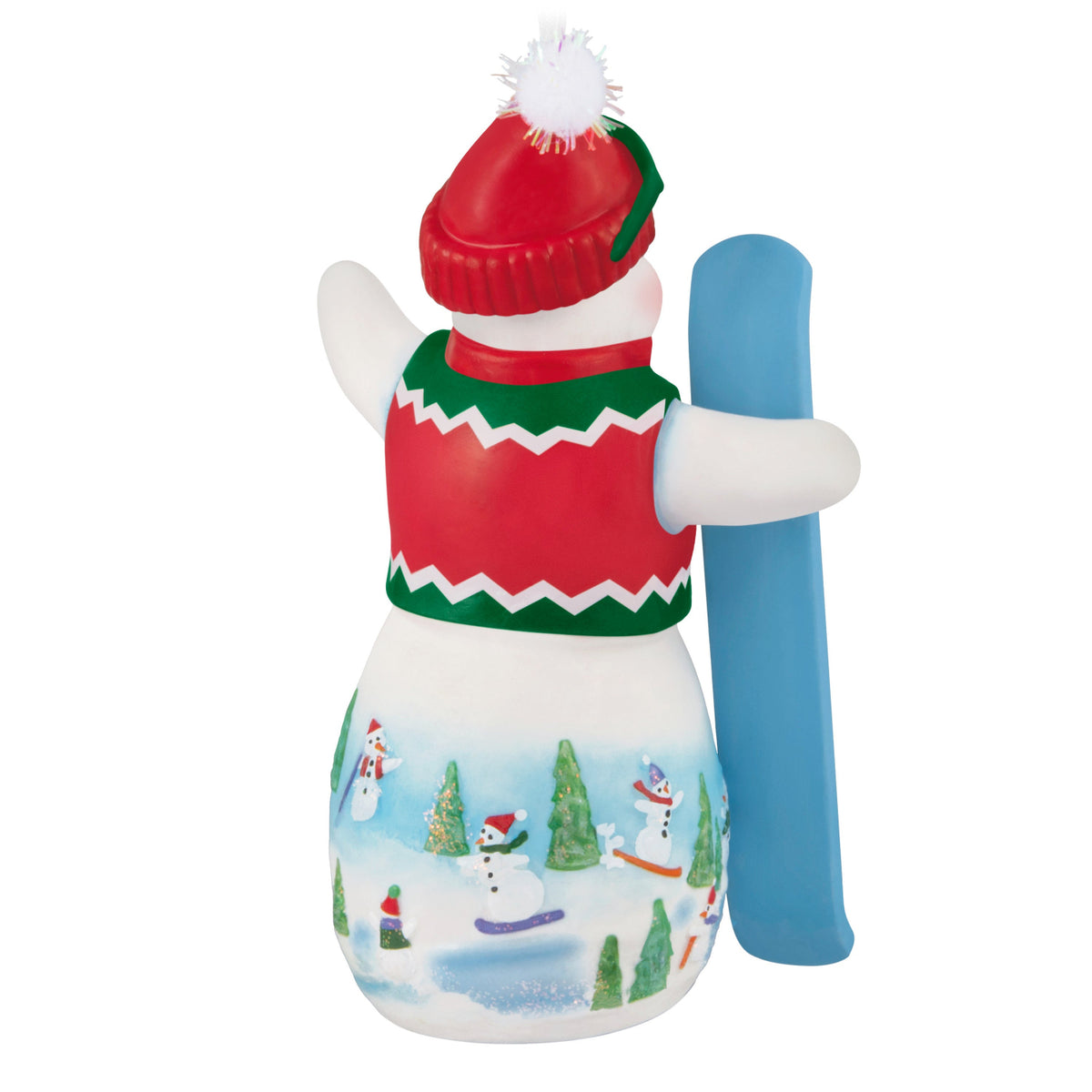 Ollie U. Halfpipe, 21st in the Snowtop Lodge Series — 2025 Hallmark Keepsake Christmas Ornament, porcelain snowman in red and green sweater vest with snowboard detail.