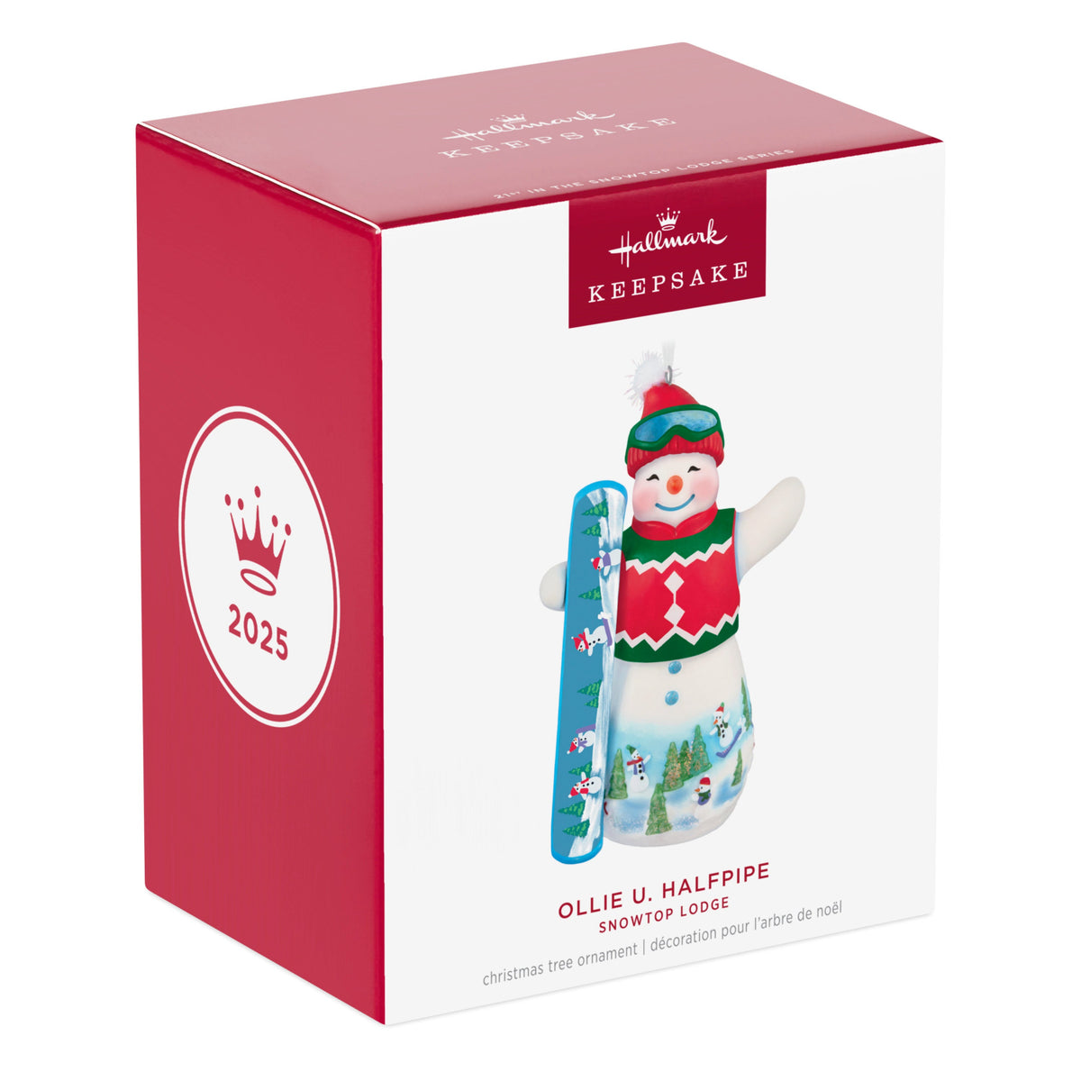 Ollie U. Halfpipe, 21st in the Snowtop Lodge Series — 2025 Hallmark Keepsake Christmas Ornament packaging featuring a snowman motif.